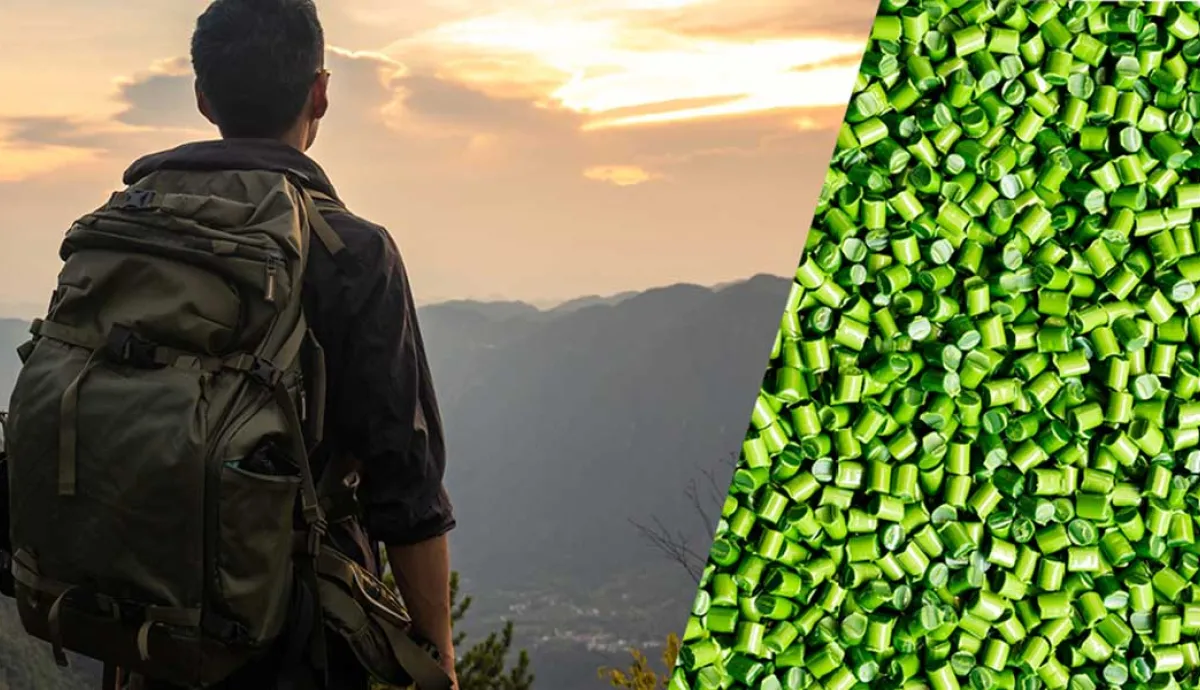 Collage of man hiking and green polymer pellets